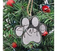 Personalised Clear Acrylic Christmas Paw Print Bauble - Custom Pet Name Ornament for Animal Lovers - Pet Holiday Keepsake (Silver Glitter Effect, Acrylic Indoor & Outdoor Use)