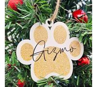 Personalised Clear Acrylic Christmas Paw Print Bauble - Custom Pet Name Ornament for Animal Lovers - Pet Holiday Keepsake (Gold Glitter Effect, Mdf Wood Indoor Use Only)