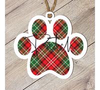 Personalised Clear Acrylic Christmas Paw Print Bauble - Custom Pet Name Ornament for Animal Lovers - Pet Holiday Keepsake (Tartan, Mdf Wood Indoor Use Only)