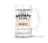 Personalised Clear Glass Beer Mug Tankard with Handle - Grumpy Old Man Design for Men Him Dad Grandad 40th 50th 60th 65th 70th 80th Birthday|Christmas (Print with Handle on Right)