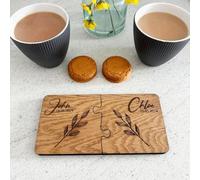 Personalised Coaster Set with Names Date, Leaf Design, Engraved Wooden Coaster, His Her Gift, Mr Mrs Gift, Anniversary Wedding Gift, Set of 2