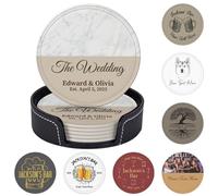 Personalised Coasters Set of 6 Personalized PU Leather Coasters for Drinks Add Your Own Text Logo Custom Non-Slip Drink Mat Cup Holder for Wedding Housewarmings Birthday Anniversary
