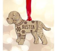 Personalised Cockapoo Dog Christmas Tree Bauble Decoration, Wearing a Dog Jumper Design with Snowflakes, Customised Puppy Hanging Ornament, Oak Veneer Wood with Red Ribbon