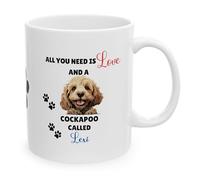 Personalised Cockapoo Dog Lover Coffee Mug, Ceramic Cup with Paw Prints, White, 'All You Need is Love' Design