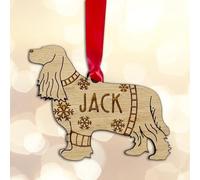 Personalised Cocker Spaniel Dog Christmas Tree Bauble Decoration, Wearing a Dog Jumper Design with Snowflakes, Customised Puppy Hanging Ornament, Oak Veneer Wood with Red Ribbon