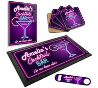 Personalised Cocktail Bar Items For Home or Garden Bar Pub - Custom Made Gift Accessory Set - Bottle Openers, Bar Runners, Coasters, Beer Mats and Pub Sign with bottom message