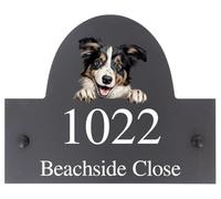 Personalised Collie Dog Motif Arch Top Slate Sign - 25x20cm | Natural Stone Slate House Name or House Number Plaque Sign - Premium Smooth Stone Slate - Includes Wall Screws