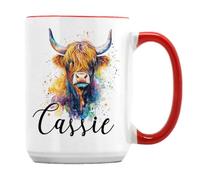 Personalised Colorful Highland Cow Custom Name Gift for Kids,15oz Ceramic Coffee, Tea Mug. (Red Inside)