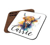 Personalised Colorful Highland Cow custom name gift for kids,Coffee, Tea, Drink Coaster (Square Coaster MDF)