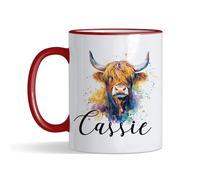 Personalised Colorful Highland Cow Custom Name Gift for Kids,Coloured Rim Mug, Coffee, Tea Mug. (Red Rim)