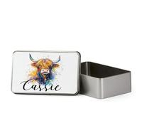 Personalised Colorful Highland Cow custom name gift for kids,Metal Tin Storage Box, Biscuit, ChocolateTin, Emergency Stuff Tin. (Rectangular)