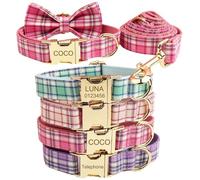 Personalised Colorful Plaid Dog Collar with Custom Engraved Name Tag - Soft Polyester Fabric, Adjustable and Durable Puppy Collar for Small Medium Dogs, Dopamine Pet Gift, Optional Lead ect