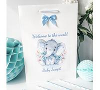 Personalised Congratulations New Baby Boy Gift Bag Welcome to the World Watercolour Elephant (Large W24 H34 D9.5 cm)