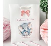 Personalised Congratulations New Baby Girl Gift Bag Welcome to the World Watercolour Elephant (Small W20 H20 D10 cm)
