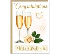 Personalised Congratulations Wedding Card - Custom Mr & Mrs Name Banner - Elegant Champagne Roses Cake Rings Designs - 7 Beautiful Styles - Cards For Coupled On Their Weddings Anniversaries (Design 1)