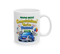 Personalised Congratulations You've Passed Driving Test Ceramic Coffee Mug, White, 11oz, Glossy Finish, Customised Name Gift, Him, His, Blue Car