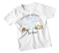 Personalised Construction Birthday T-Shirt Custom Name & Age Diggin’ Being (Age) Digger & Truck Kids Tee Custom Kids Birthday Outfit #TA-195 5-6 Years White
