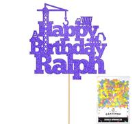 Personalised Construction Site Crane Glitter Cake Topper- Blue Any Custom Age & Name Glitter Cake Decoration and Sprinkles - Happy Birthday Decorations - Personalised Toppers for Cakes by Cakeshop
