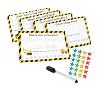 Personalised Construction Writing Boards for Kids - A4 Laminated Dry Wipe Learning Boards with Pen, Eraser & Reward Stickers | Name, Letters, Numbers & Shapes | Handwriting Practice