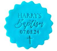 Personalised Cookie Stamp with Free Scallop Cutter, Christening Baptism Confirmation, 5cm Acrylic Biscuit Embosser, Food-Safe Plastic Baking Tool, Fits M&S All Butter Biscuits (Design 2)