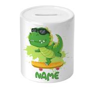 Personalised - Cool Skateboarding Dinosaur - Tyrannosaurus Rex - Money Saving Box - Piggy Bank - Gift for Kids Boys or Girls