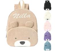 Personalised Corduroy Teddy Bear Backpack for Toddlers | Embroidered Name Kids Nursery Bag for Boys Girls Preschool Travel (Khaki)