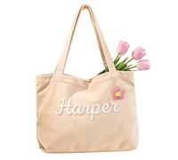 Personalised Corduroy Tote Bag with Custom Name - Embroidered Handmade Crochet Handbag for Women, 3D Flower Design - Large Travel Beach Shoulder Bag - Cute Birthday, Bridesmaid, Mothers Day Gift