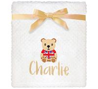 Personalised Coronation Union Jack Teddy Bear White Baby Blanket