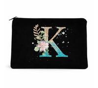 Personalised Cosmetic Bag with Initials - Letter - Black Canvas Makeup Bag 22 x 14 cm - Zip Clutch Bag for Cosmetics, Travel, Daily Life, Gift Idea for Women, K, 22x14 cm, Cosmetic bag