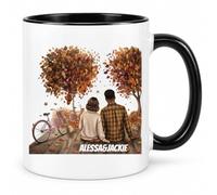 Personalised Couple Coffee Mug - 11oz Ceramic Cup White Black Magic Variations - Custom Name Autumn Foliage Bicycle Scene Graphic - Romantic Husband Wife Keepsake