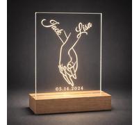 Personalised Couple Night Light with Names, Hands Holding Design - Wedding Gift & Anniversary Present for Her, Clear Acrylic LED Lamp, Engagement Gift for Him and Her