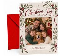 Personalised Couple Photo Card - Christmas Joy, Holly and Berries | Large A5 Size; Add your couple photo and names to a seasonal greeting; optional message printed inside