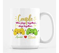 Personalised Couple Who Plays Together, Stays Together Inspired Gamer Gift Video Games Player Gaming Pro Enthusiast 11oz / 15oz Ceramic Mug. (15 OZ White Ceramic Mug)