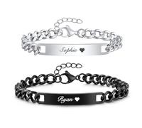 Personalised Couples Bracelets for Him Her - Custom Engraved Name His Hers Stainless Steel Cuban Chain Matching Bracelet Set for Girlfriend Boyfriend Husband Wife, Customised Gift Silver Black
