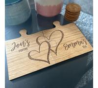 Personalised Couples Coaster Set with Hearts, Engraved Jigsaw Wooden Coaster, His Her Gift, Mr Mrs Gift, 5th, Set of 2