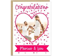 Personalised Couples Engagement Photo Card - Romantic Heart Design With Names on Banner -Congratulations Greeting Card In 9 Colours - Fiance Celebration Engagement Cards For Him For Her, Pink