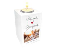 Personalised Couples Names Heart White Tea Light Holder - Custom Message | Anniversary, Wedding, Valentine's Gift | W7cm x D7cm x H10cm