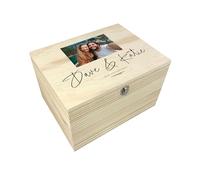 Personalised Couples Names Pine Photo Keepsake Memory Box | Custom Image & Text Anniversary, Wedding, Valentine's Gift | W26cm x D18.9cm x H15.5cm