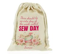 Personalised Craft Bag, Reusable, Gift Bag, Floral Sew Days Design Drawstring Sack, Yarn Storage Bag Customised with With Name/Initials/Text, Sizes: XXS, XS, S, M, L, XL