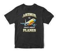 Personalised Crazy About Planes T Shirt for Boys Orange Aircraft Flying Airplane Kids Tee Top, 12-13 Years, Black