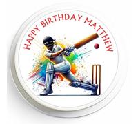 Personalised Cricket Cake Topper - 7" Round - Any Message - Edible Icing or Wafer - Batsman Cake Decoration (Edible Wafer)