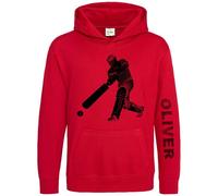 Personalised Cricket Kids Hoodie - Cricketer Dot Design with Custom Name Sleeve Print - Batsman Hooded Top for Son or Nephew - Kids Sports Lover Gift, 9-11 Years, Red