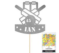 Personalised Cricket Wicket Bat Ball Glitter Cake Topper Dark Silver Custom Age & Name Glitter Cake Decoration and Sprinkles - Happy Birthday Decorations - Personalised Toppers for Cakes by Cakeshop