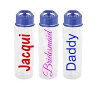 Personalised Custom Clear Blue Lid Water Drink Bottle with Flip Straw - Any Name, Word, Business, Sports, School, Promotional Merchandise