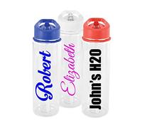 Personalised Custom Clear Water Drink Bottle with Flip Straw - Any Name, Word, Business, Sports, School, Promotional Merchandise