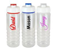 Personalised Custom Clear Water Drink Bottle with Flip Top Lid and Accent Coloured Top - Any Name, Word, Business, Sports, School, Promotional Merchandise