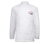 Personalised Custom Embroidered Unisex Long Sleeve Stud Fastening Chef Jacket with Chef Hat Design Logo & Your Name (L, White)