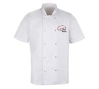 Personalised Custom Embroidered Unisex Short Sleeve Stud Fastening Chef Jacket with Chef Hat Design Logo & Your Name (XL, White)