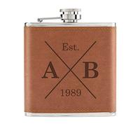 Personalised Custom Initials X Est Birth Date 6oz PU Leather Hip Flask Tan