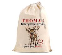 Personalised Custom Made Santa Christmas Natural Cotton Sack Bag Extra Large with Drawstring for Xmas Holiday Presents - for Kids & Adults - XL 50x75 cm - Reindeer Light